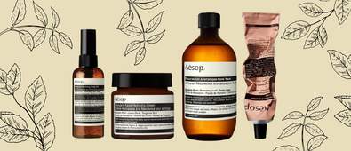 four aesop products on beige background