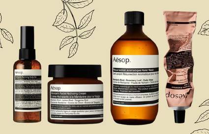 four aesop products on beige background