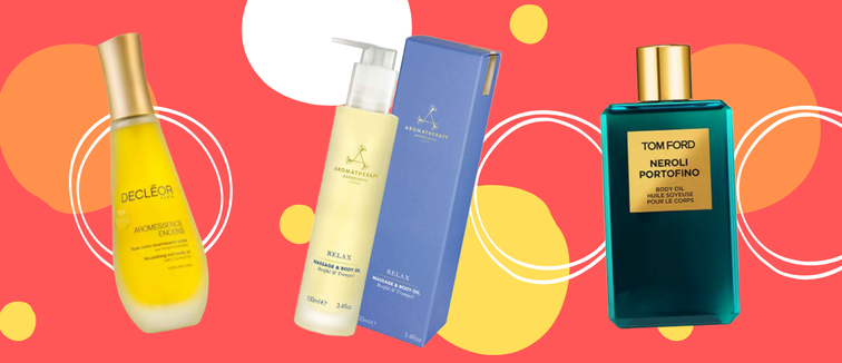 Three massage oil bottles on red background with yellow spots