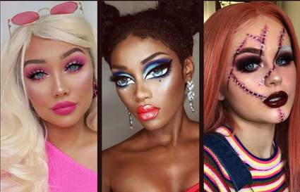Three photos of doll halloween makeup looks