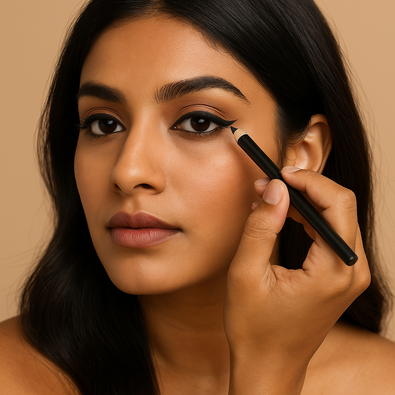 south asian woman applying kohl eyeliner