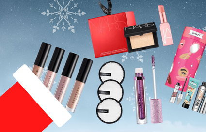 red stocking with products on a blue background