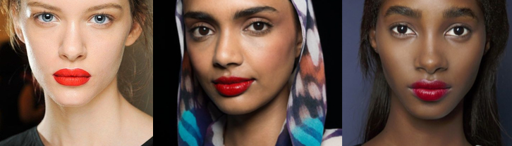 red lipstick on three models