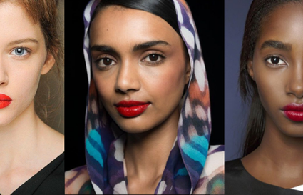 red lipstick on three models