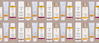 repeated dr hauschka products on brown background