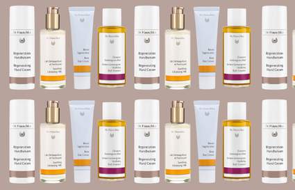 repeated dr hauschka products on brown background