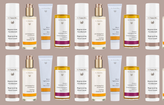 repeated dr hauschka products on brown background