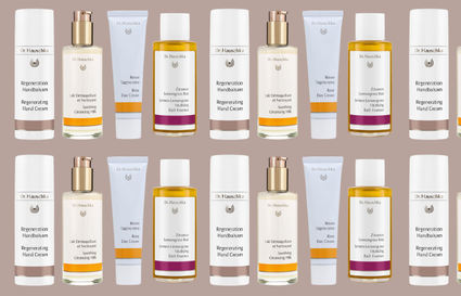repeated dr hauschka products on brown background