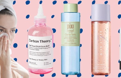 Woman with a cotton pad next to four bottles of face toner