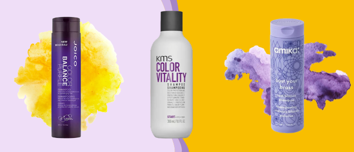 three purple shampoos on background