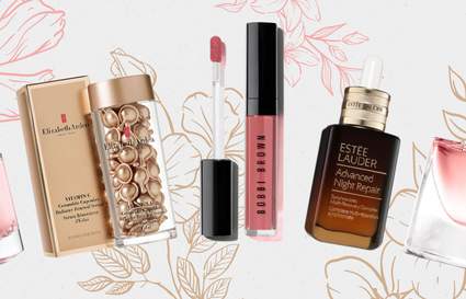 Five beauty products on white background