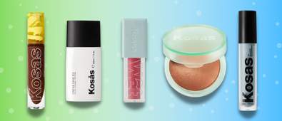 Kosas makeup products on blue and green background