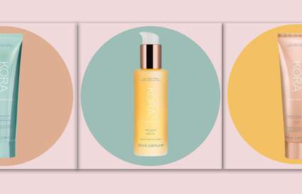 three Kora Organics products on pink background