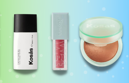 Kosas makeup products on blue and green background