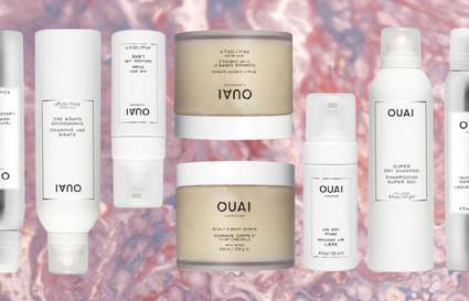 OUAI products on pink marble background