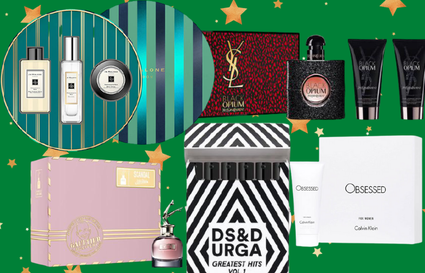 five perfume gift sets on green background with gold stars