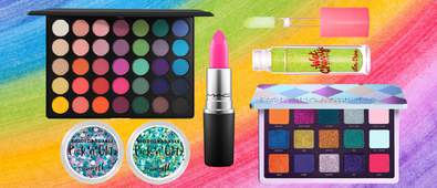 makeup products on rainbow background