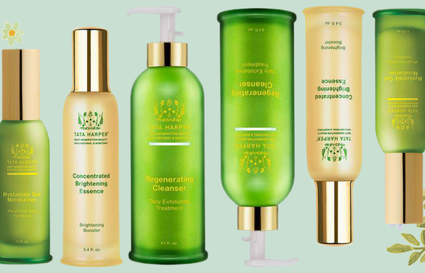 Tata Harper products on green floral background