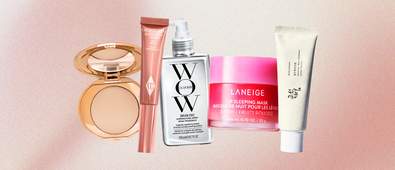 five different beauty products with a pink and white gradient background