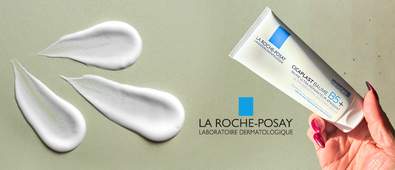 3 cream swatches and a hand holding a skincare product with a green background