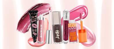 different lip glosses with swatches behind them and a light pink stripe background