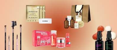 beauty products and gifts sets against a orange gradient background