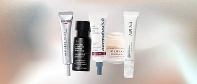 5 different eye creams with a beige and blue gradient background