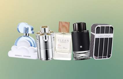 perfume bottles with a green gradient background