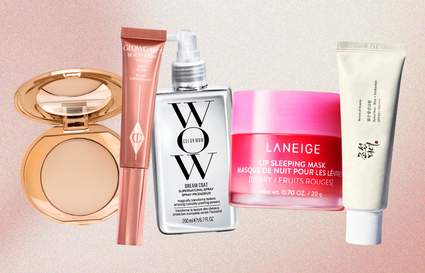 five different beauty products with a pink and white gradient background