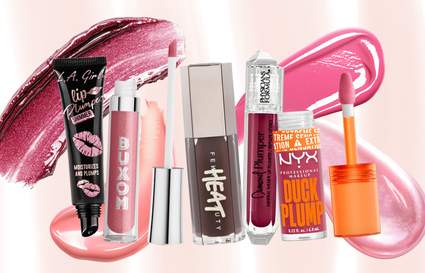 different lip glosses with swatches behind them and a light pink stripe background