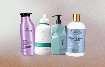 4 different shampoo bottles with a brown gradient background