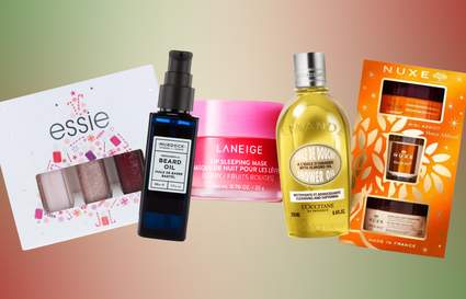 beauty gifts and products against green and red gradient background