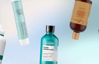 different shampoo bottles on a blue and white gradient background