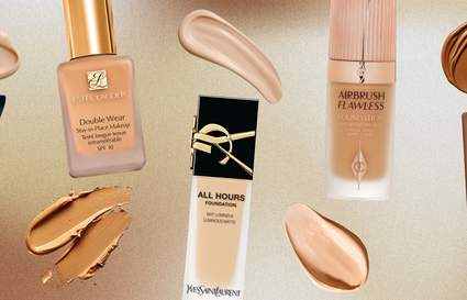 5 different foundations of different shades with swatches on a background of brown and beige gradient