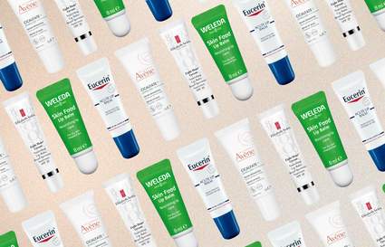 rows of diagonal lip balm tubes with a beige gradient background