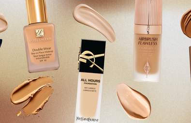 5 different foundations of different shades with swatches on a background of brown and beige gradient