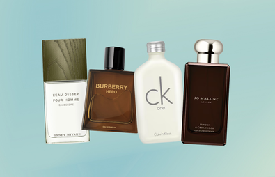 perfume bottles with a light blue background