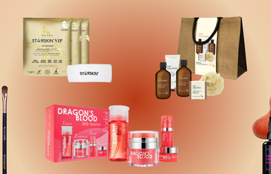 beauty products and gifts sets against a orange gradient background