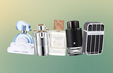 perfume bottles with a green gradient background