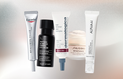 5 different eye creams with a beige and blue gradient background