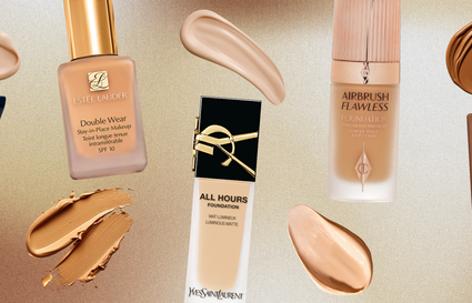 5 different foundations of different shades with swatches on a background of brown and beige gradient