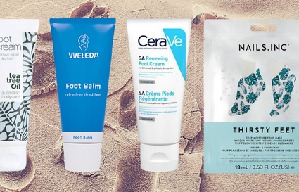 four foot care products on sandy background