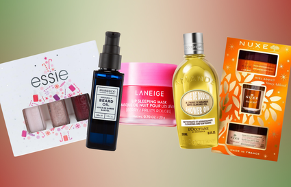 beauty gifts and products against green and red gradient background