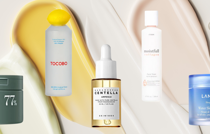 five different skincare products with different coloured cream swatches in the background