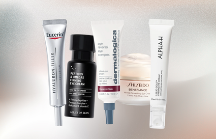 5 different eye creams with a beige and blue gradient background