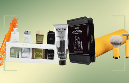 beauty products with a green gradient background