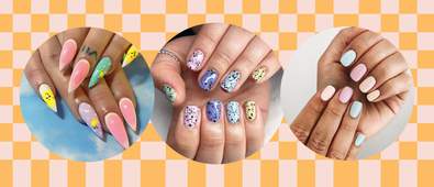 three pictures of easter inspired nails on pink and orange checkered background