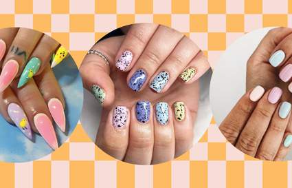 three pictures of easter inspired nails on pink and orange checkered background
