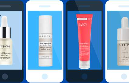 four phone faces with products on the screen against blue background
