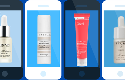 four phone faces with products on the screen against blue background